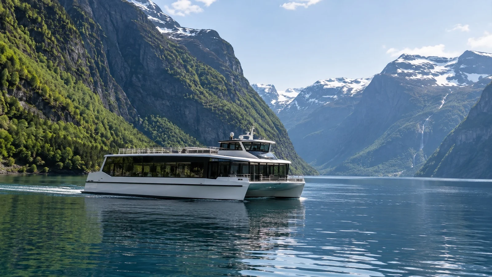Modern electric passenger vessel in a Norwegian fjord