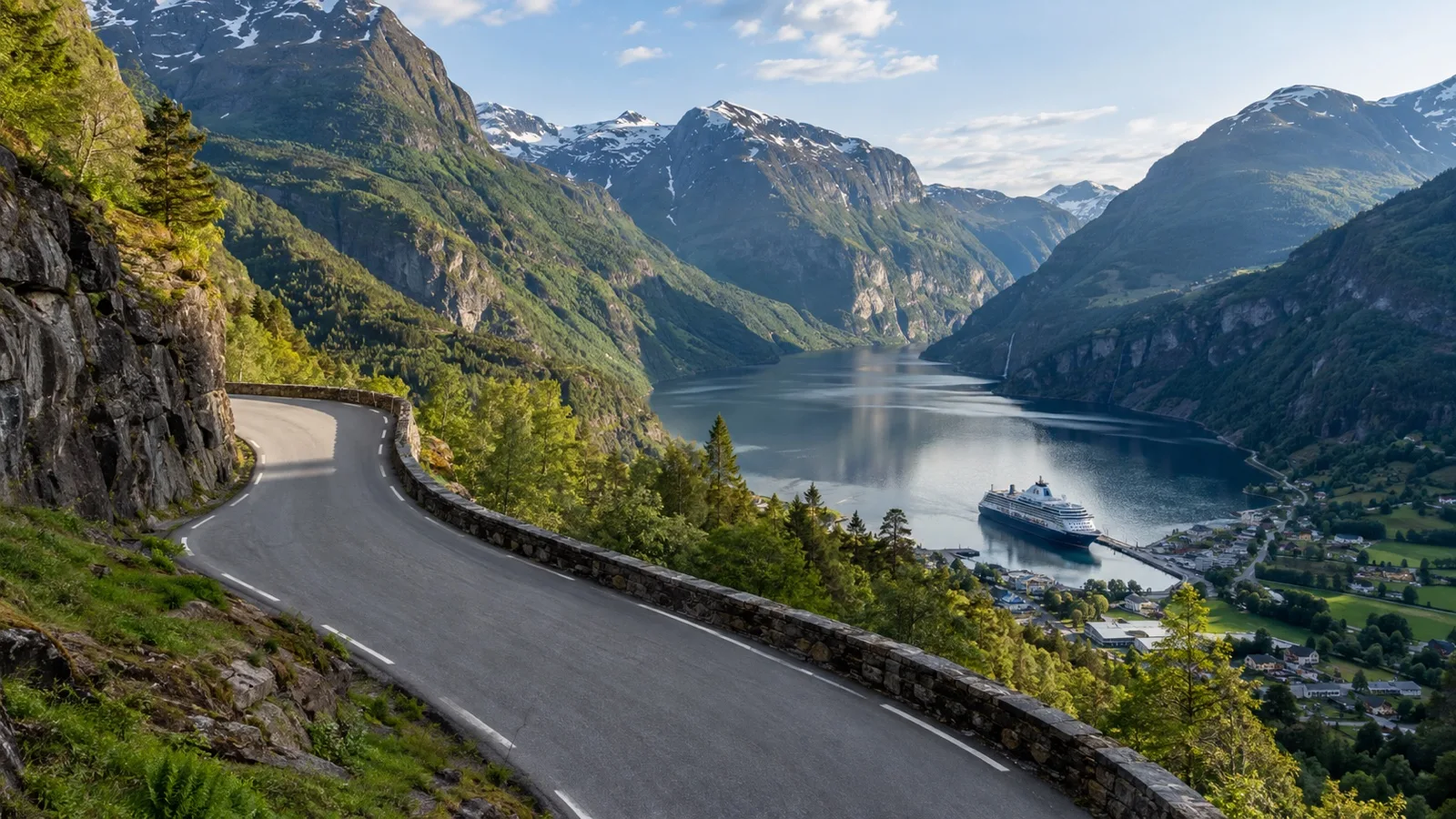 Winding mountain road above a Norwegian fjord cruise port, no vehicles with people visible
