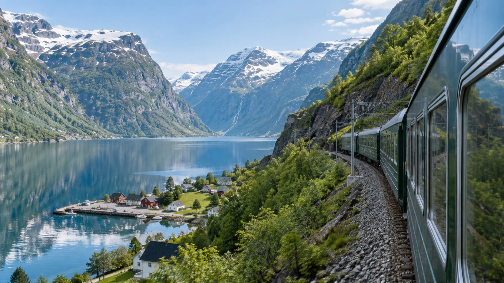 Scenic train winding above a Norwegian fjord