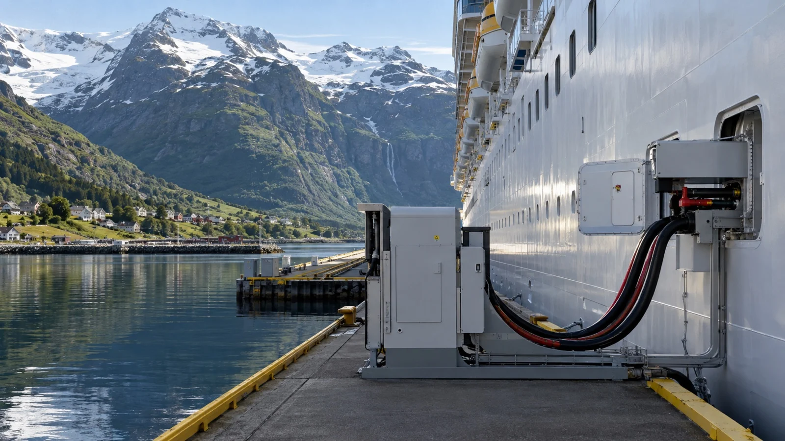 Cruise ship using shore power at Norwegian fjord port