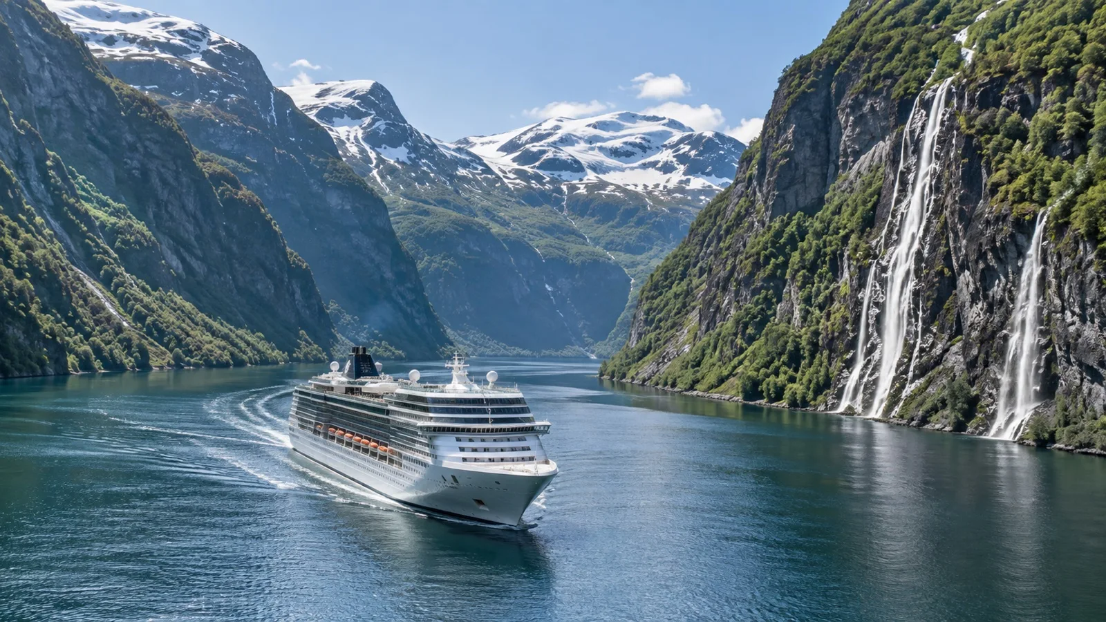 Cruise ship sailing through a Norwegian fjord beside a steep waterfall