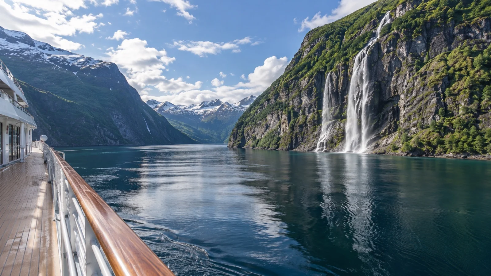 Waterfall and steep fjord walls viewed from an empty cruise ship deck in Norway