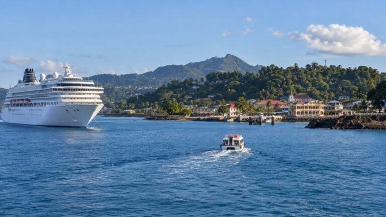 Cruise ship and tender offshore from Nosy Be’s Andoany harbor