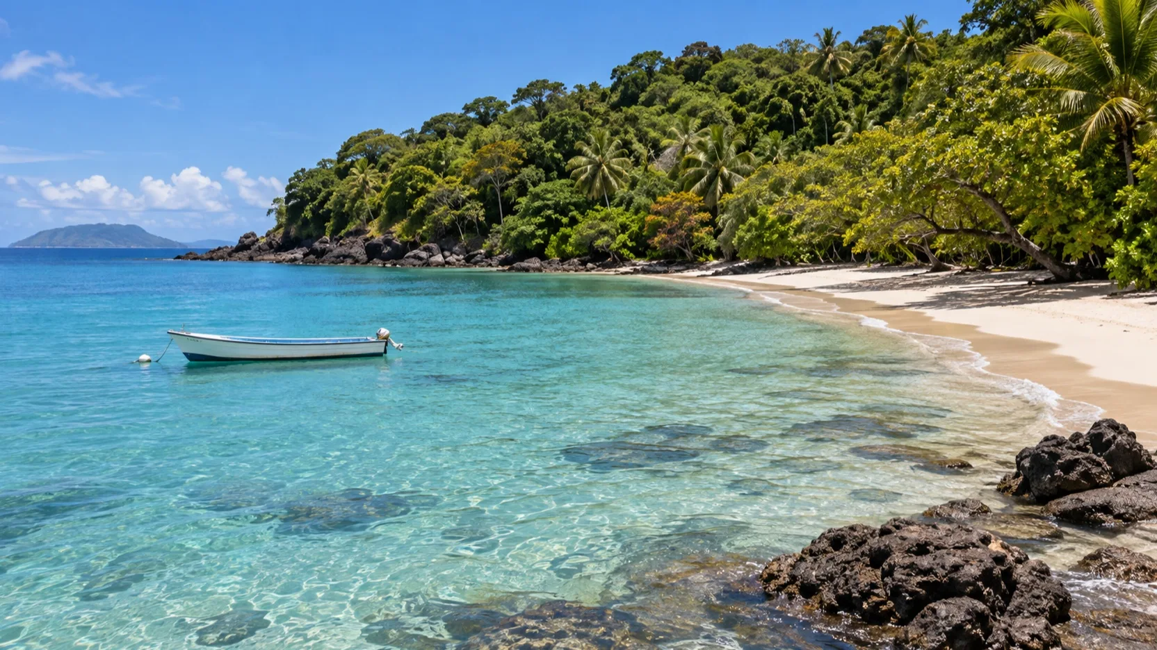 Clear shallows and beach on Nosy Sakatia near Nosy Be