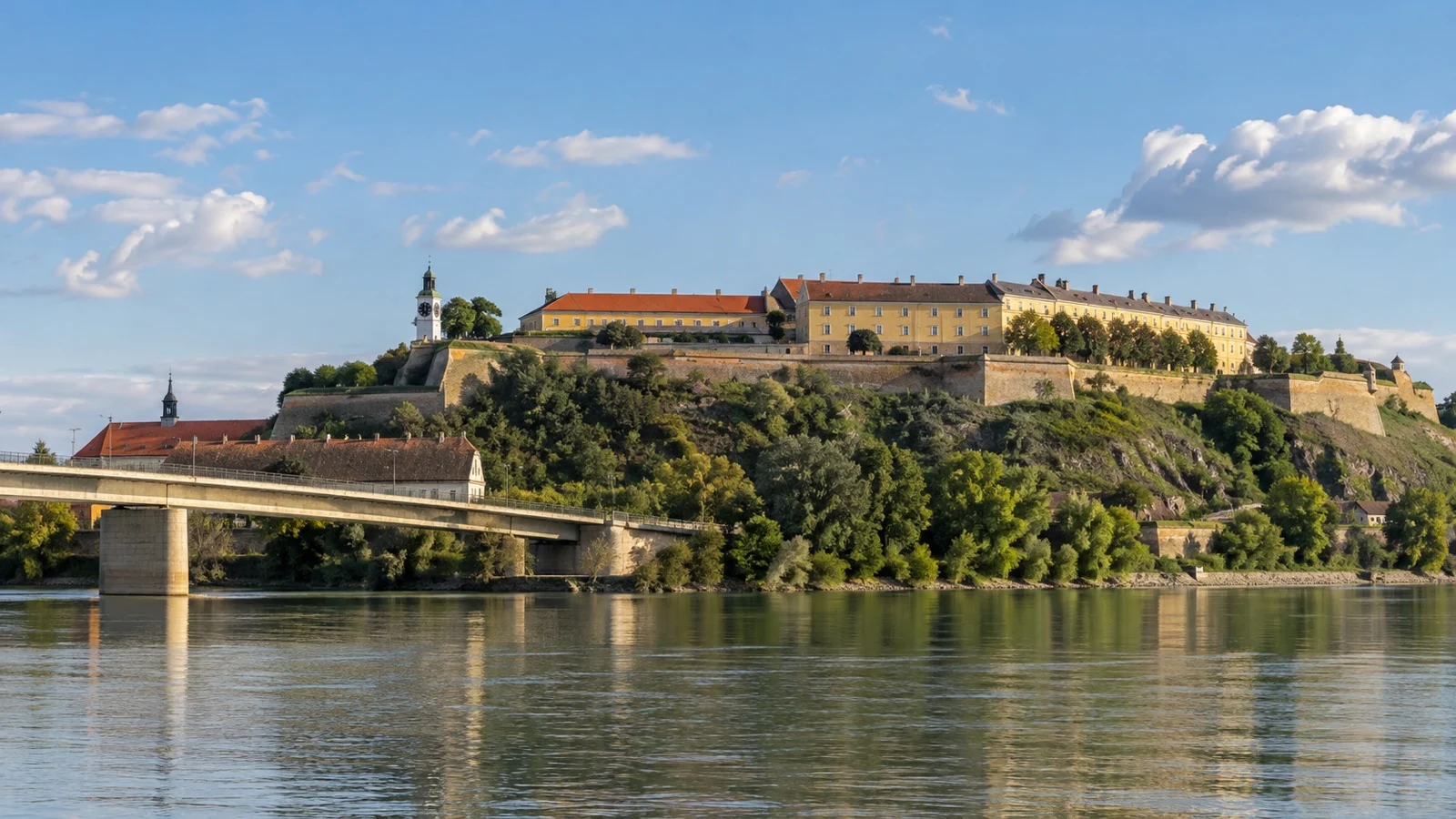 Petrovaradin Fortress and clock tower above the Danube in Novi Sad