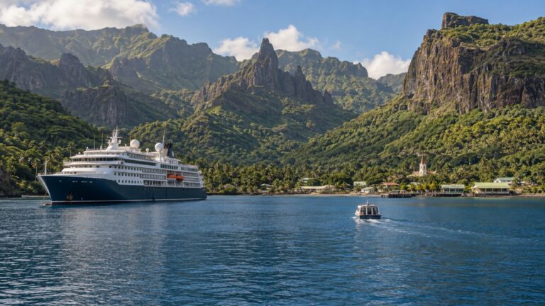 Cruise tender crossing Nuku Hiva’s Taiohae Bay