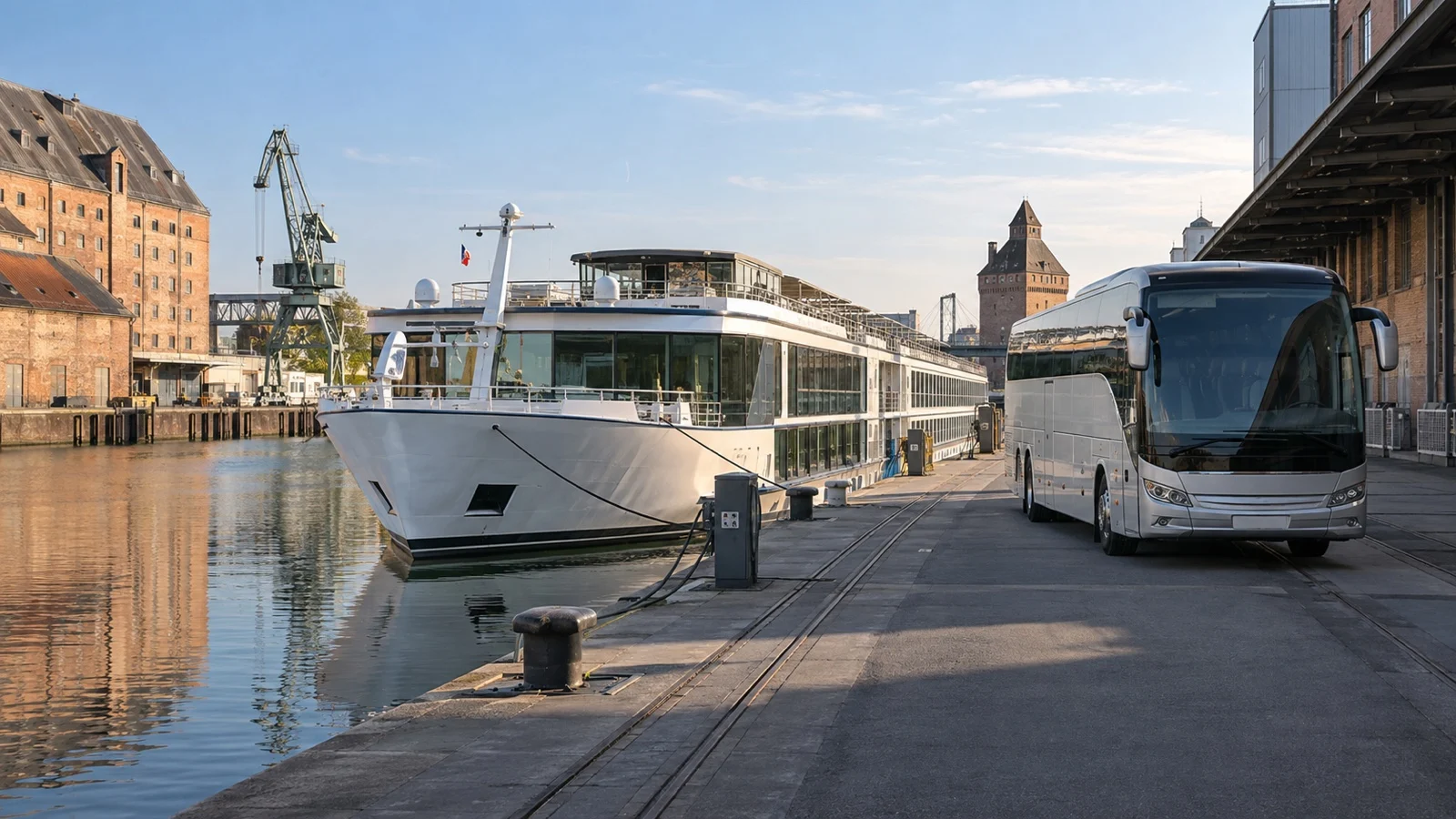Empty shuttle bus near Nuremberg Europakai river berth