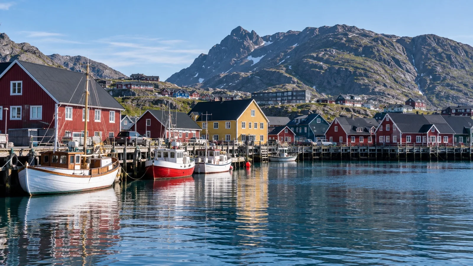 Colorful wooden waterfront buildings and small boats at Nuuk harbor