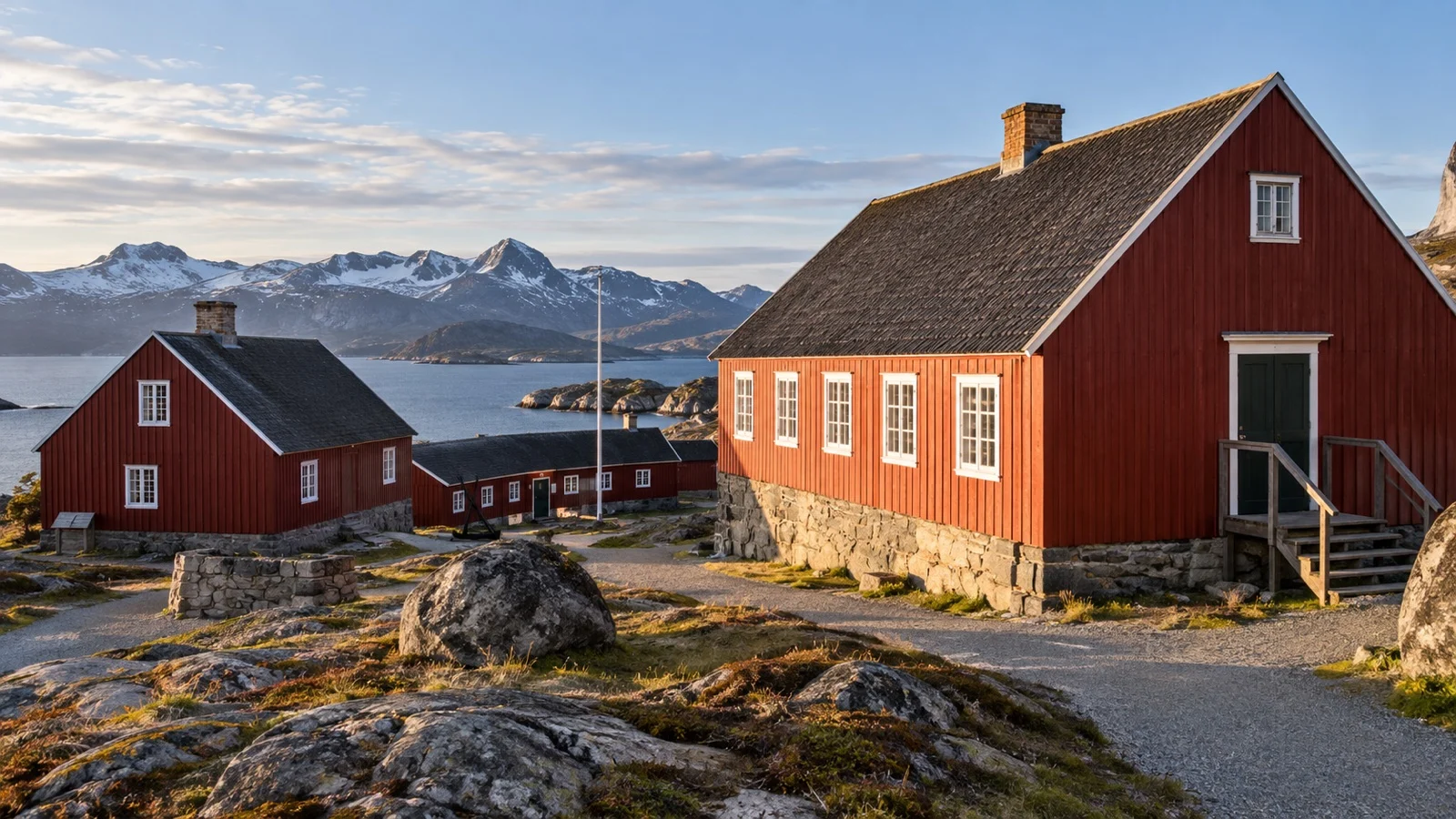 Red wooden buildings on a rocky Greenland coast with mountains beyond
