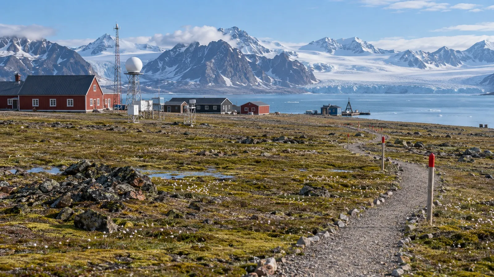 Marked visitor route through Ny-Ålesund Arctic tundra