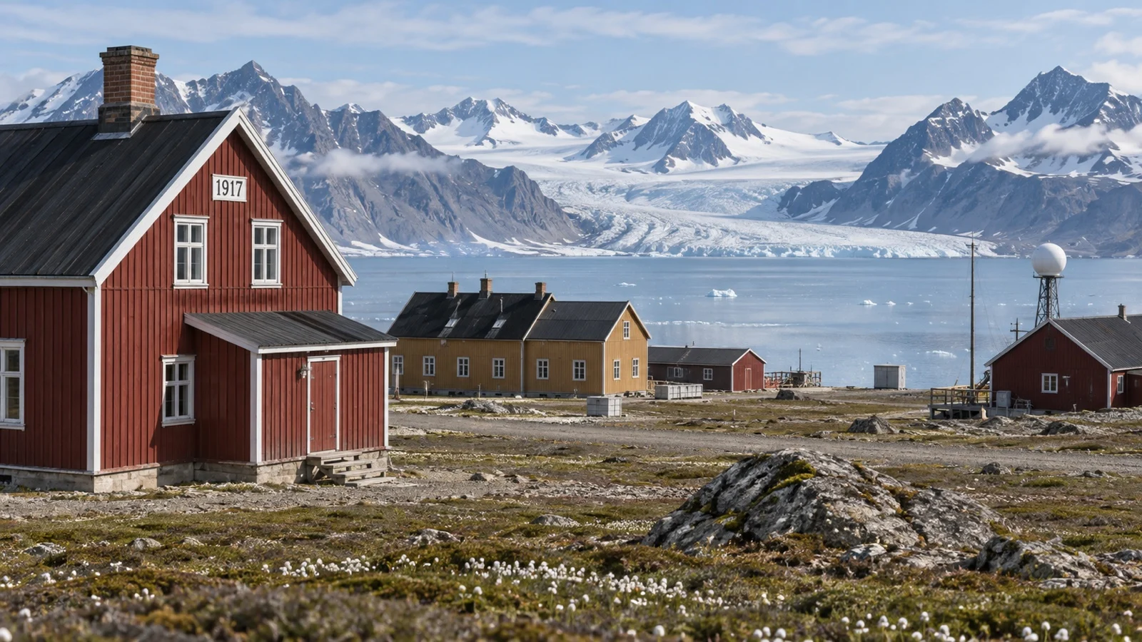 Historic wooden buildings at Ny-Ålesund beside the fjord