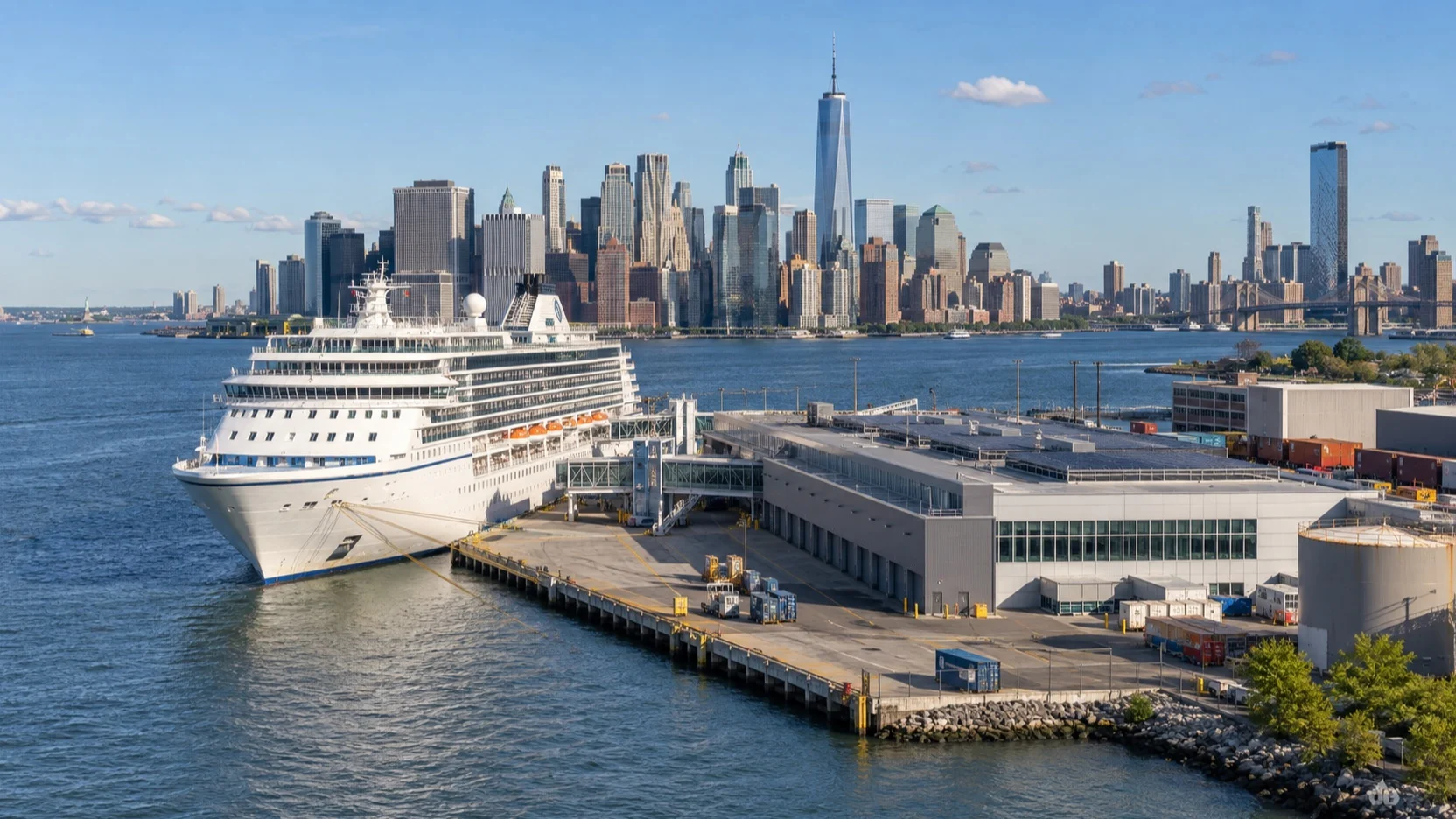 Cruise ship at Brooklyn Cruise Terminal in Red Hook with Lower Manhattan across the harbor
