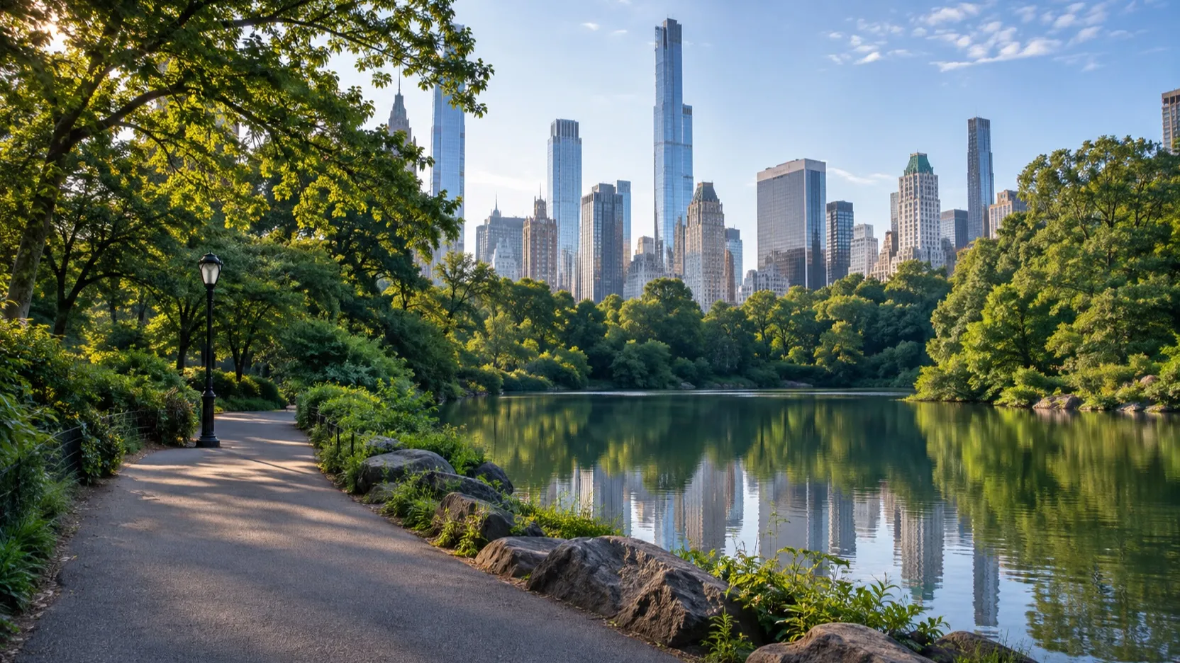 Empty Central Park path beside a pond with the Manhattan skyline beyond