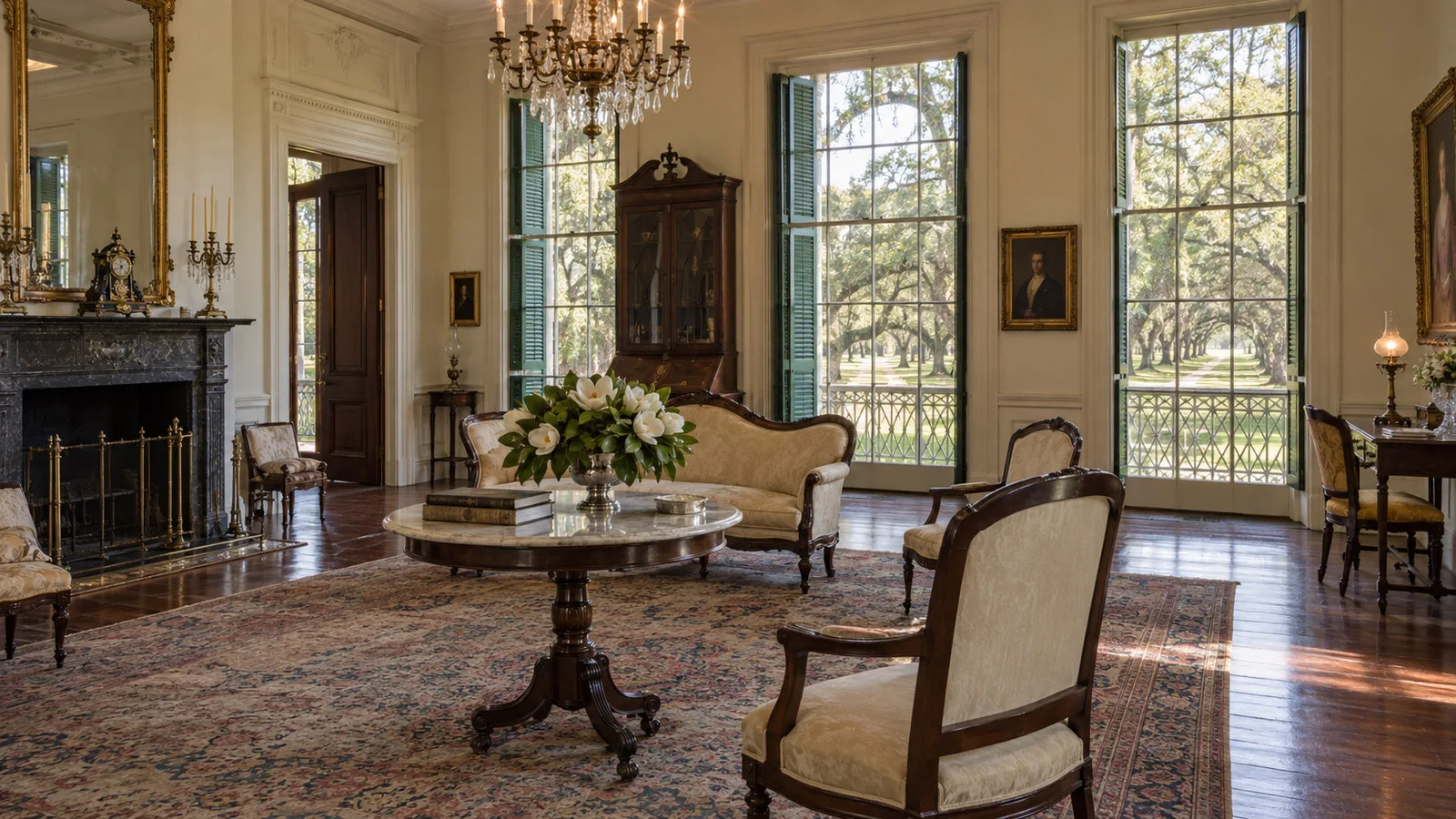 Empty interior room in the historic Oak Alley Big House with period furnishings and tall windows