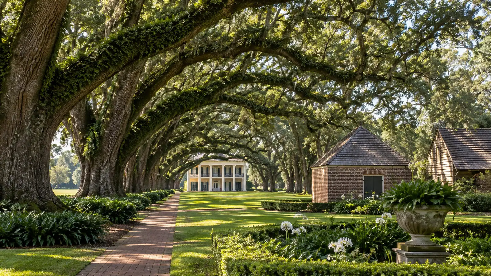 Grounds of Oak Alley Plantation with rows of old live oaks, garden pathways and historic outbuildings, no people