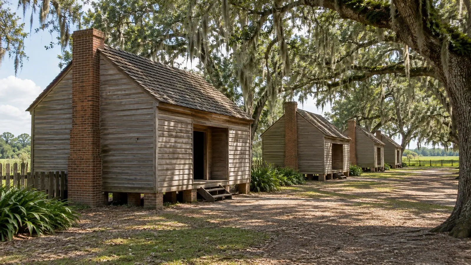 Historic reconstructed enslaved peoples' cabins at Oak Alley Plantation Louisiana, simple wooden buildings interpreted with dignity, empty grounds