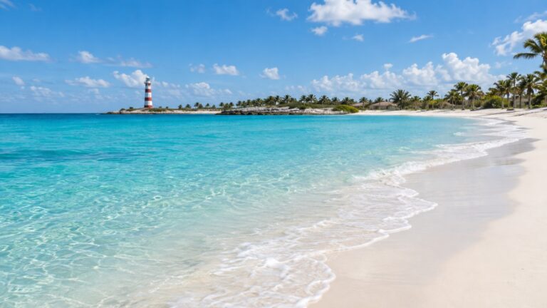 White sand beach and lighthouse at Ocean Cay in the Bahamas