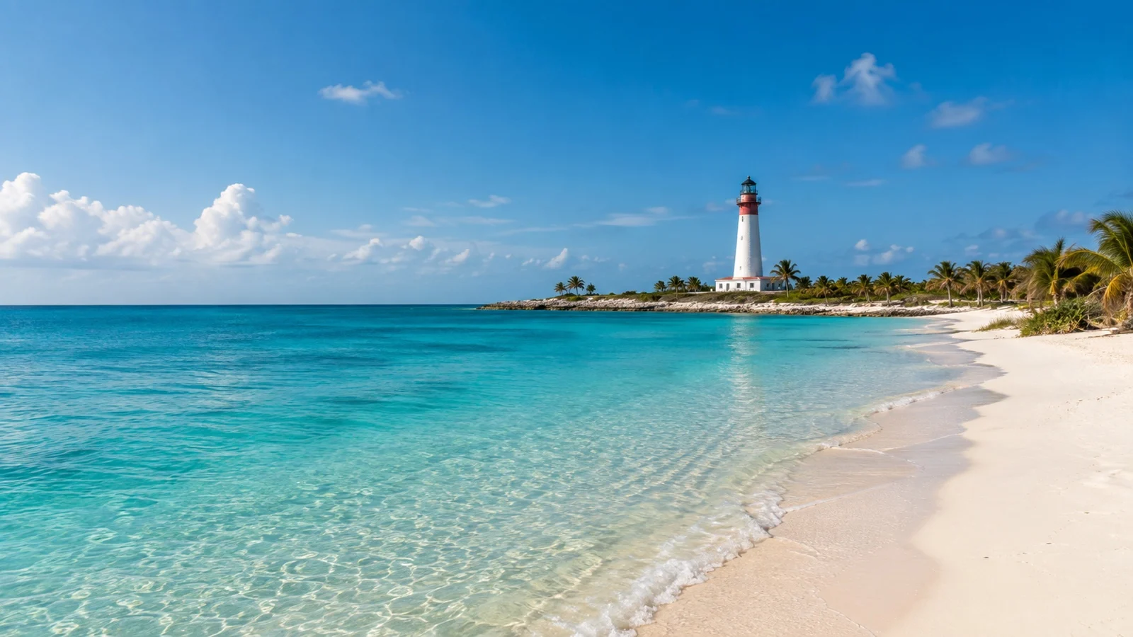 Empty Ocean Cay MSC Marine Reserve beach with its distinctive white lighthouse on a flat Bahamian island