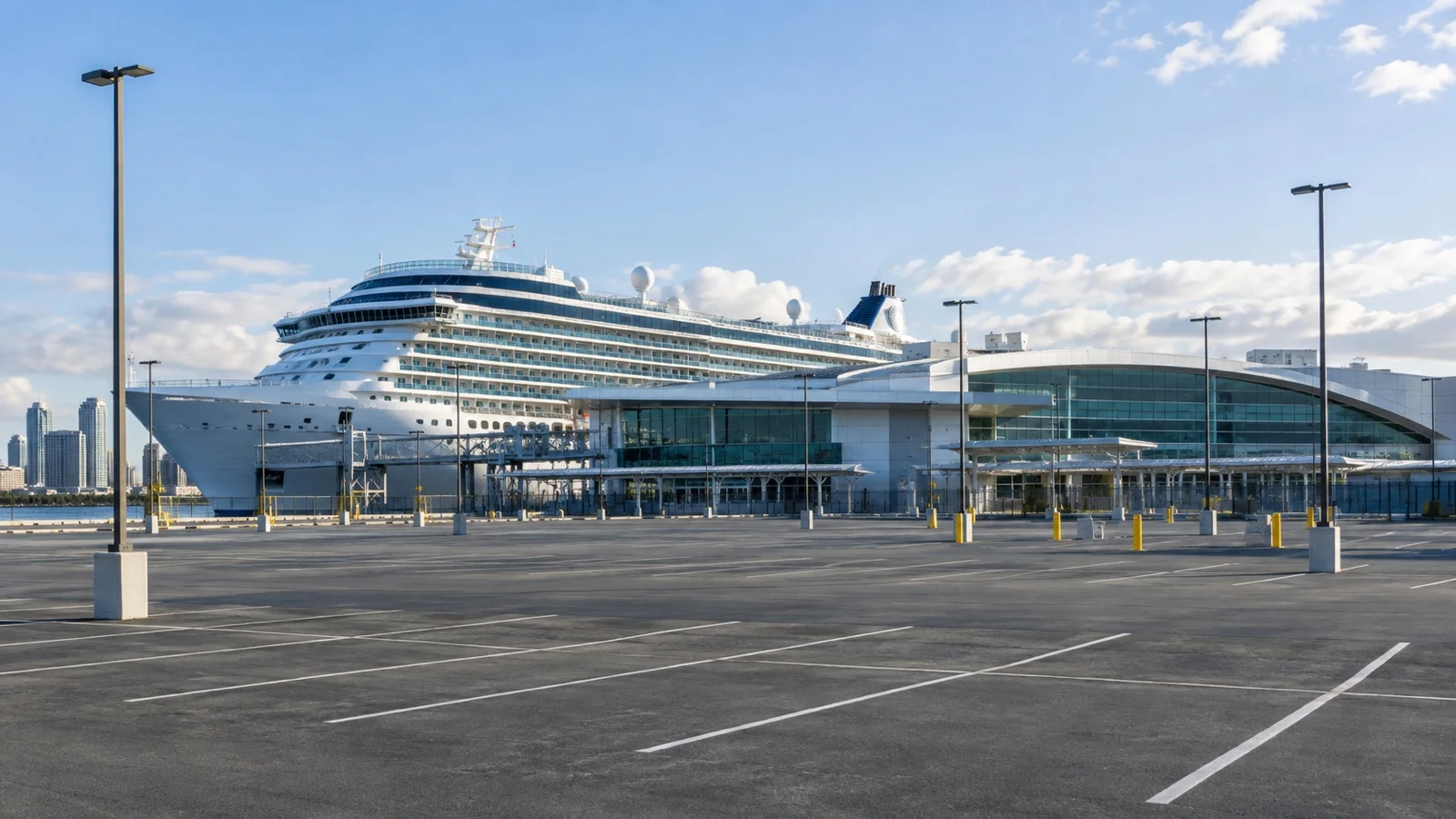 Empty official port parking lot adjacent to cruise terminal