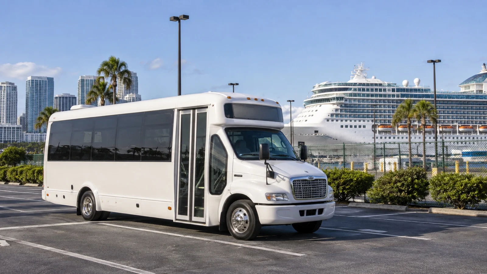 Empty offsite parking shuttle bus in a lot near cruise port
