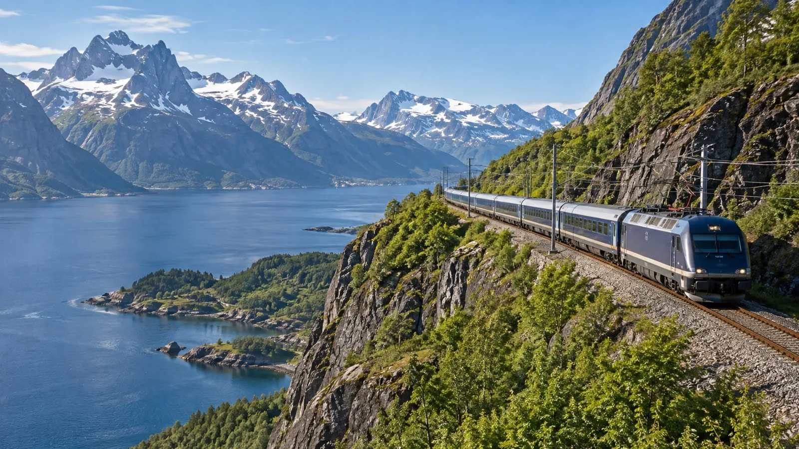 Passenger train on the Ofoten Line passing mountains and fjords near Narvik.