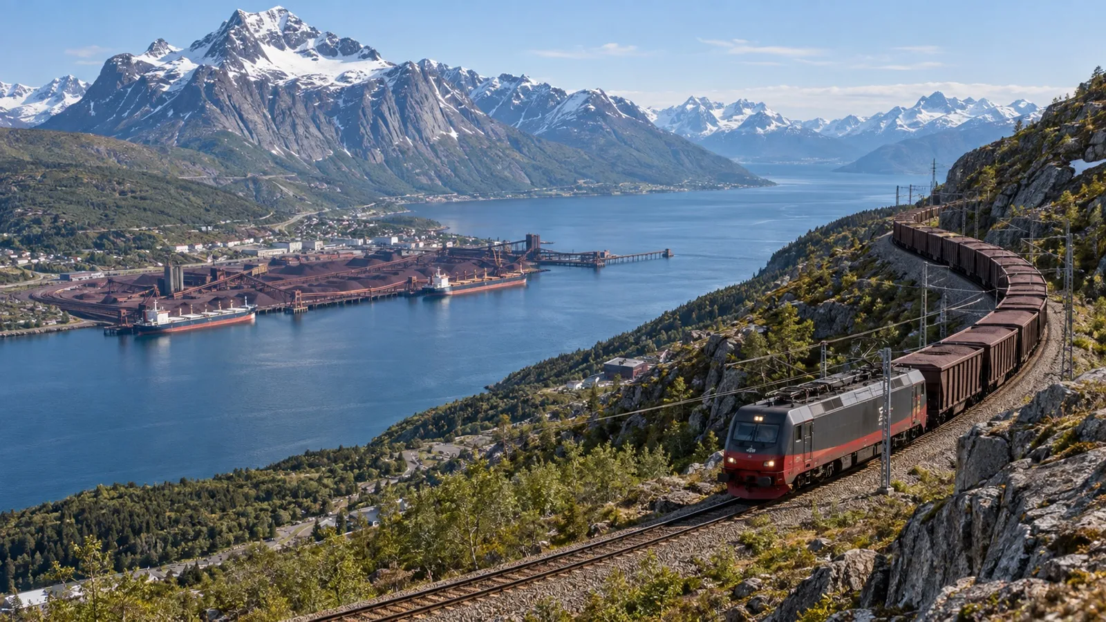 Train on the Ofoten Railway above Ofotfjord near Narvik