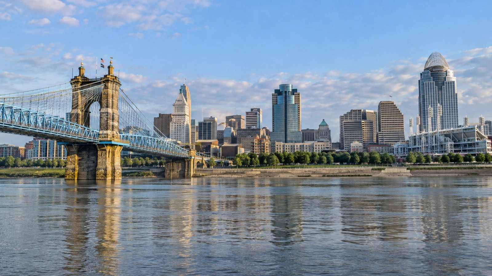 Cincinnati riverfront and Roebling Bridge