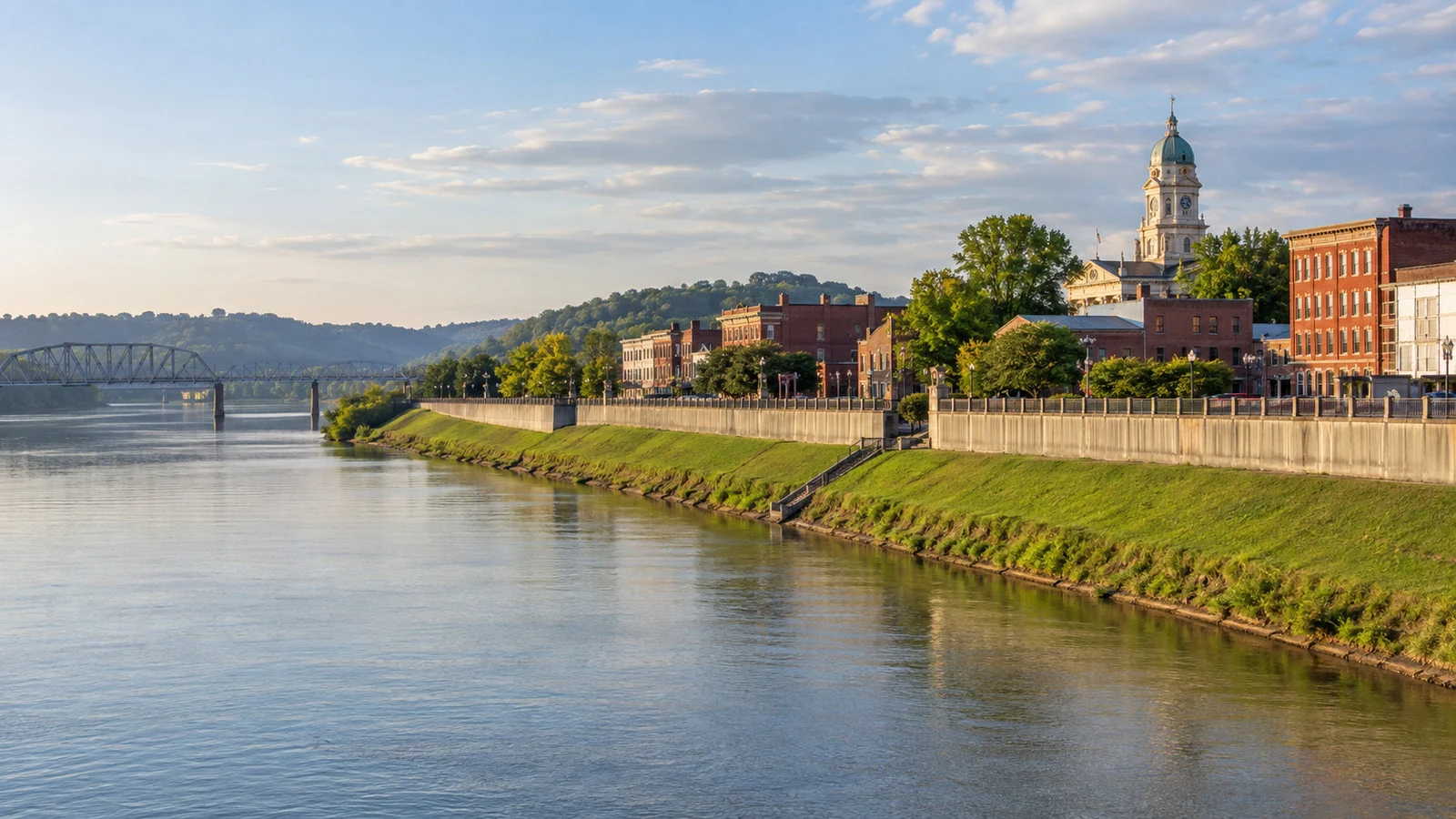 Marietta Ohio River levee and historic downtown