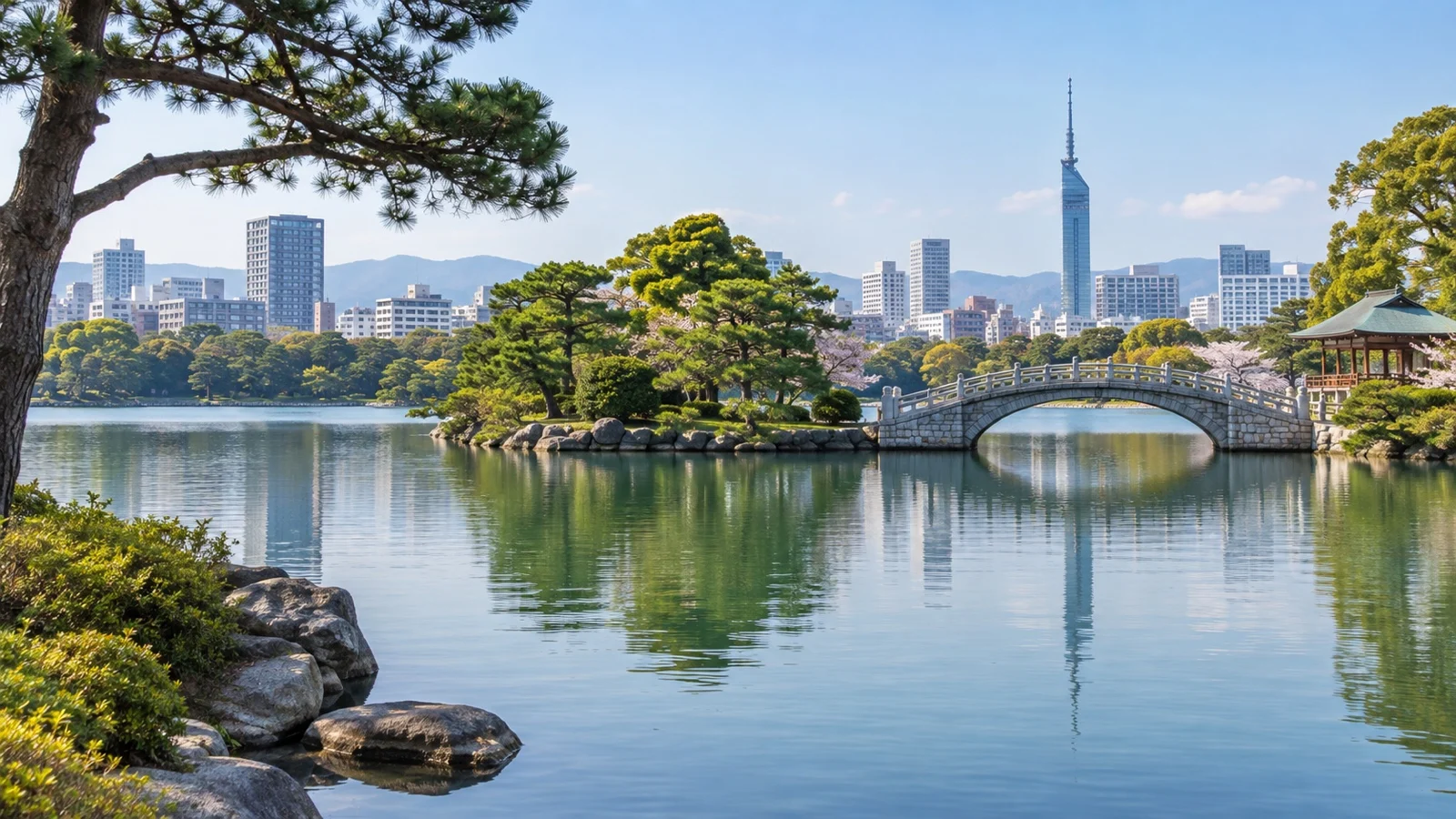 Ohori Park pond and bridge in Fukuoka
