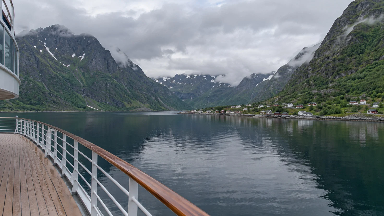 Øksfjord landscape viewed from an empty cruise ship deck