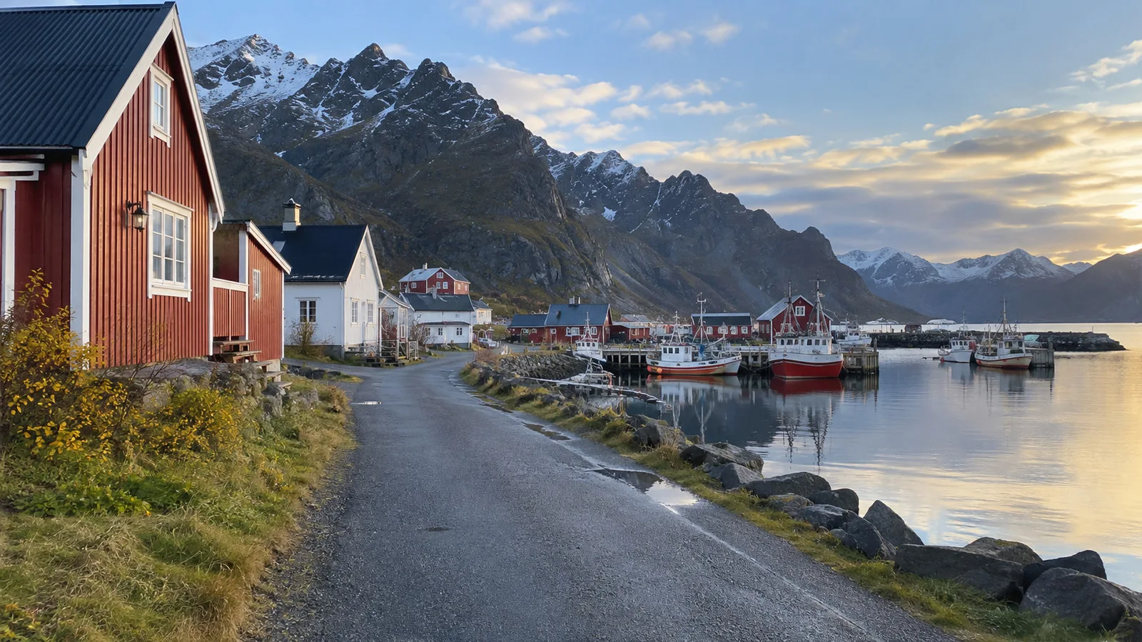 Quiet harbor lane and wooden houses in Øksfjord village