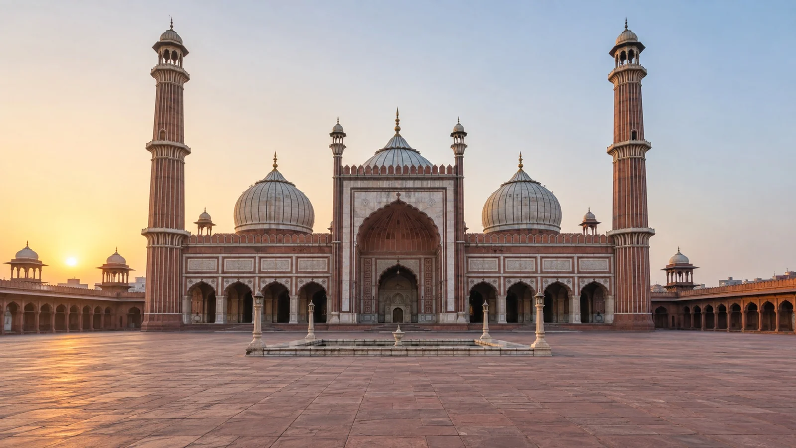 Empty courtyard and domes of Jama Masjid in Old Delhi