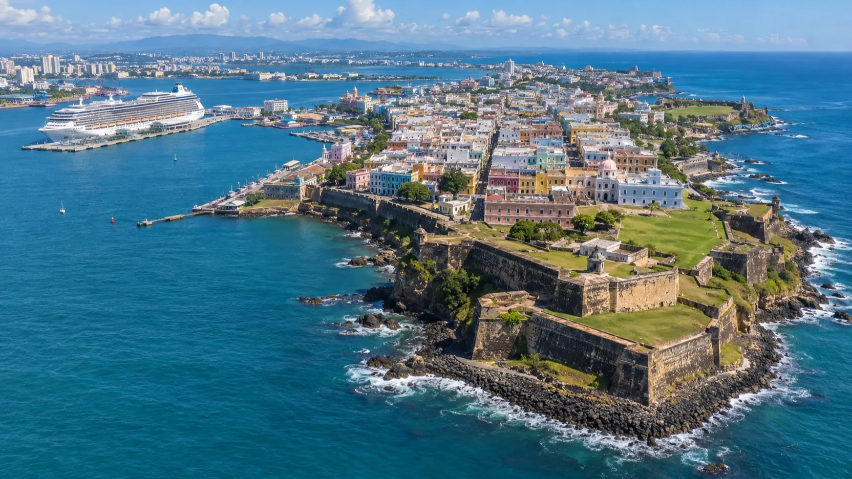 Aerial view of Old San Juan and its cruise harbor