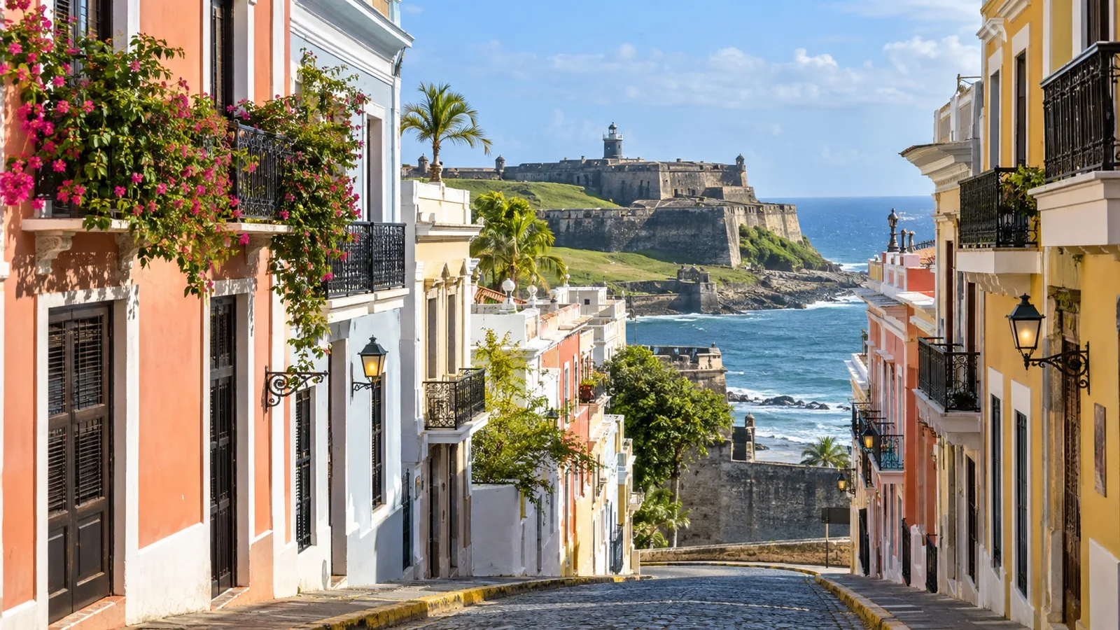 Colorful Old San Juan street leading toward a coastal fortress and the sea