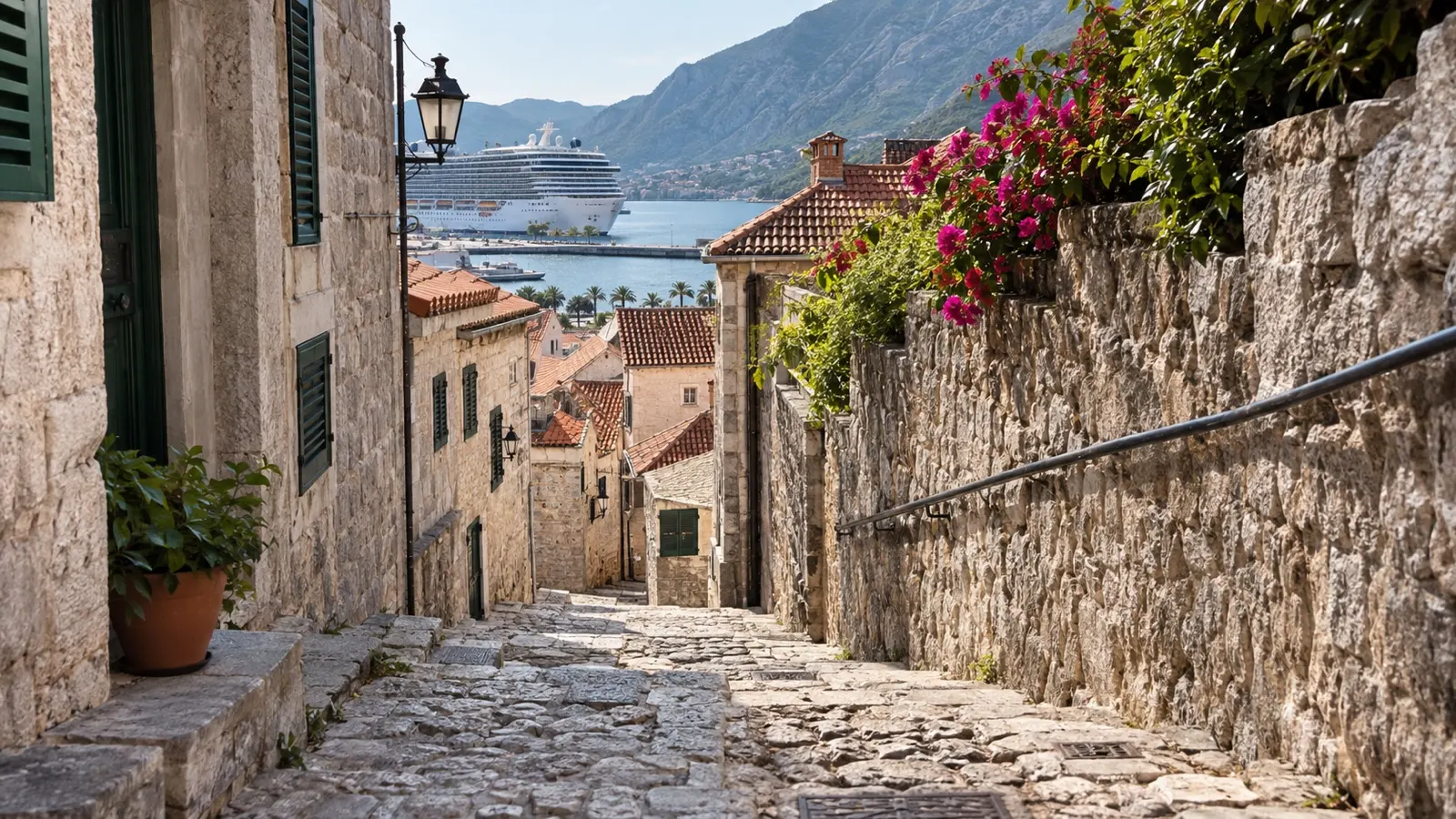 Empty steep cobbled old-town street near a cruise port with inaccessible steps