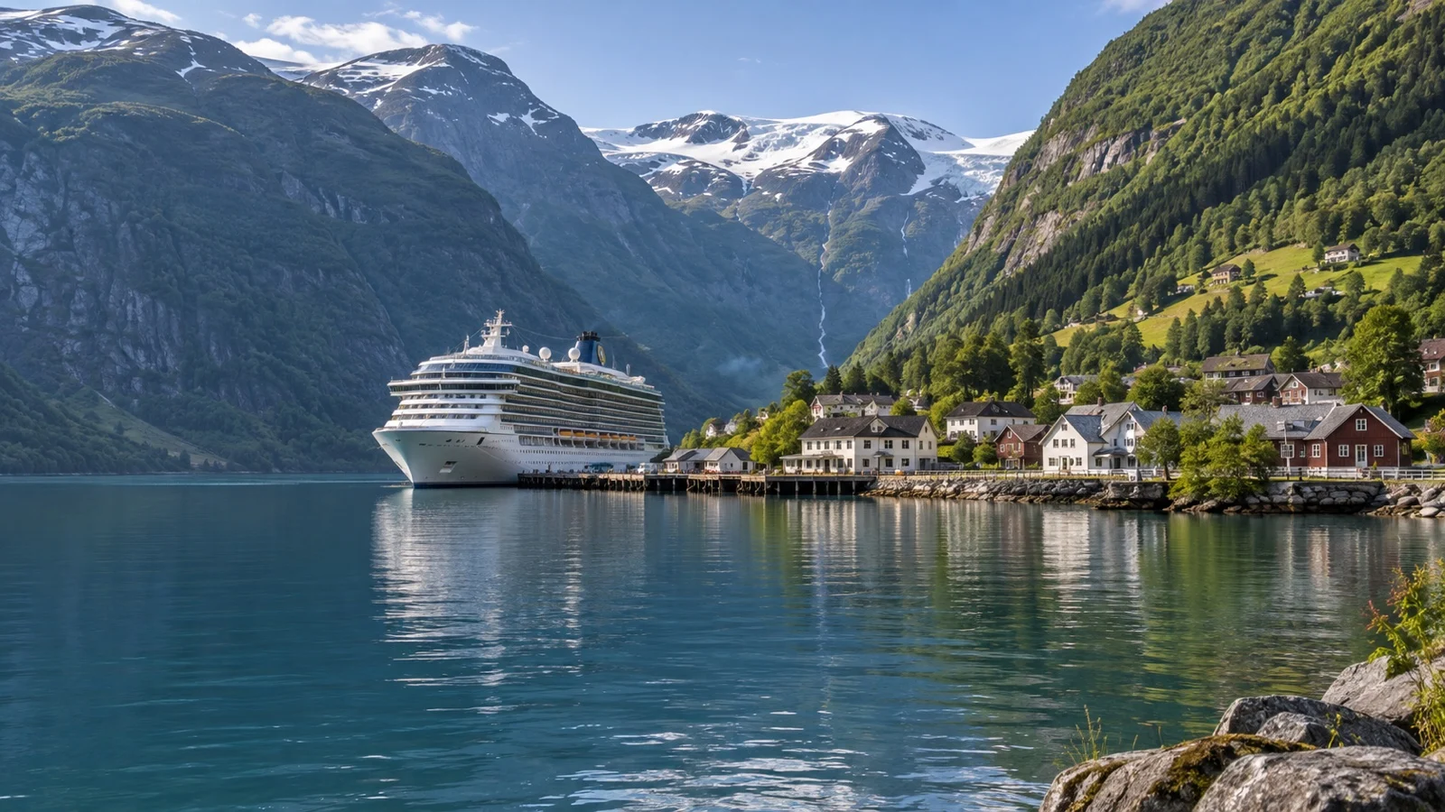 Cruise ship at Olden quay at the end of Nordfjord