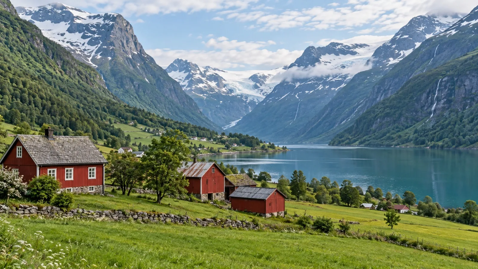 Traditional farm buildings in the green Olden valley