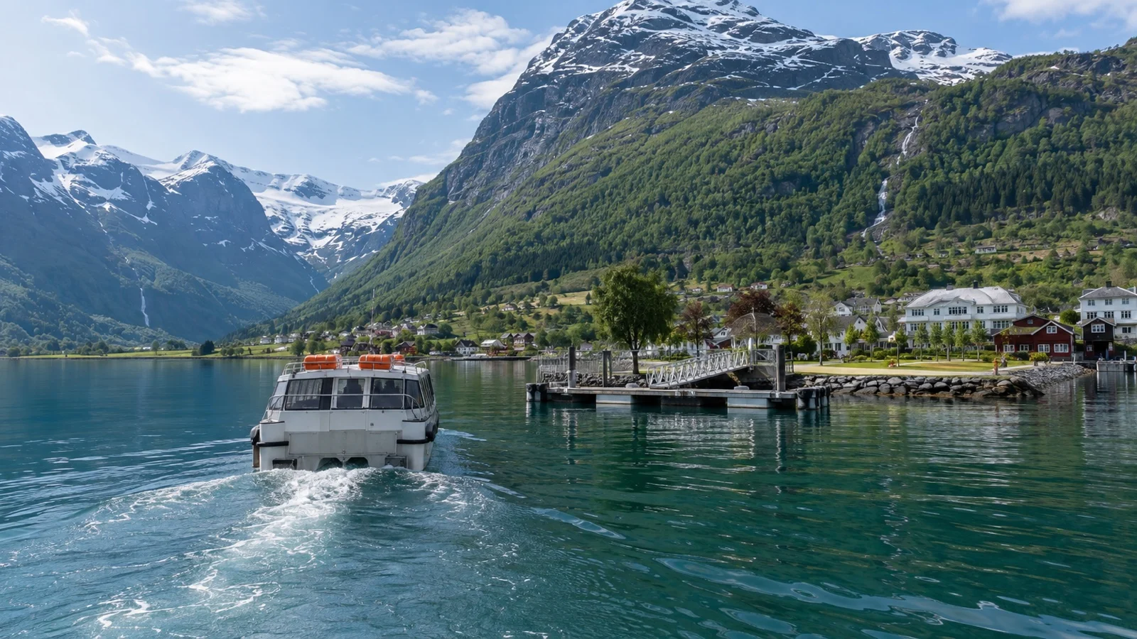 Tender boat crossing the fjord toward Olden village