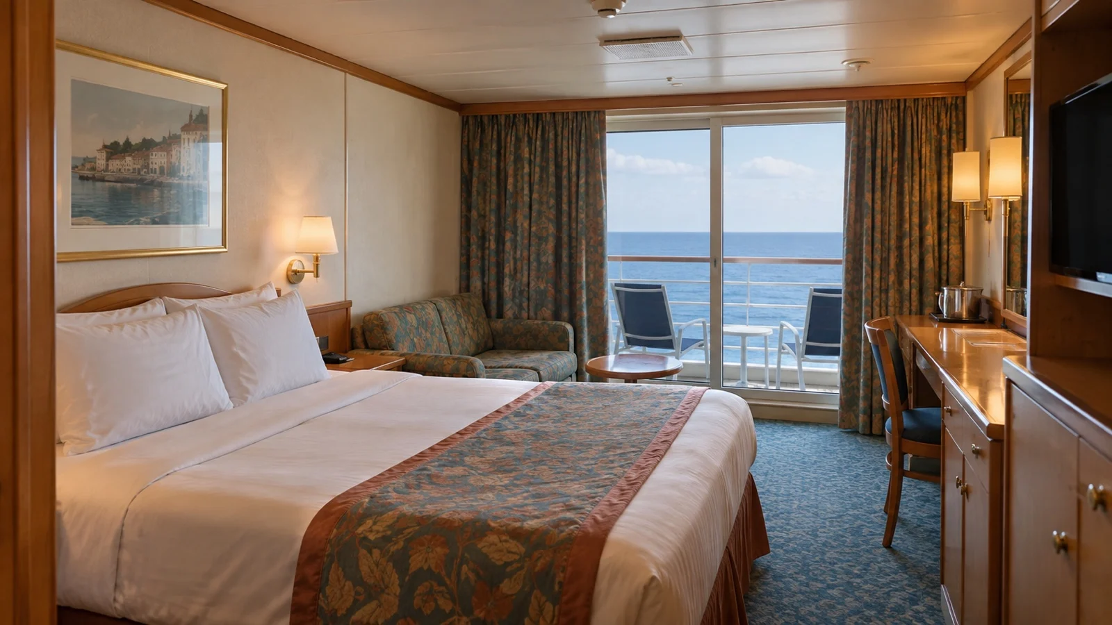 Clean older-style cruise cabin with dated fittings and made bed