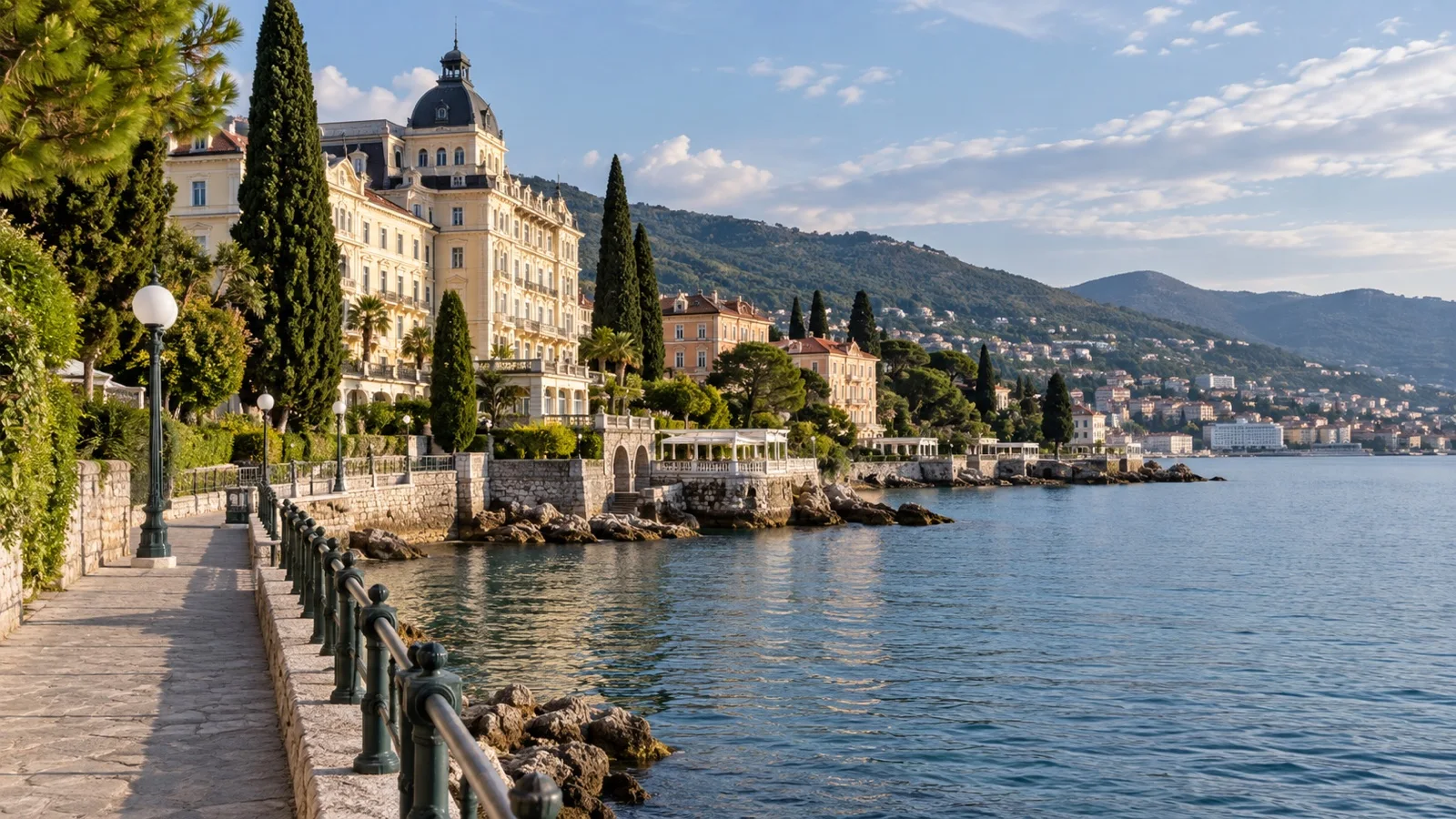 Elegant Opatija seafront promenade beside the Adriatic