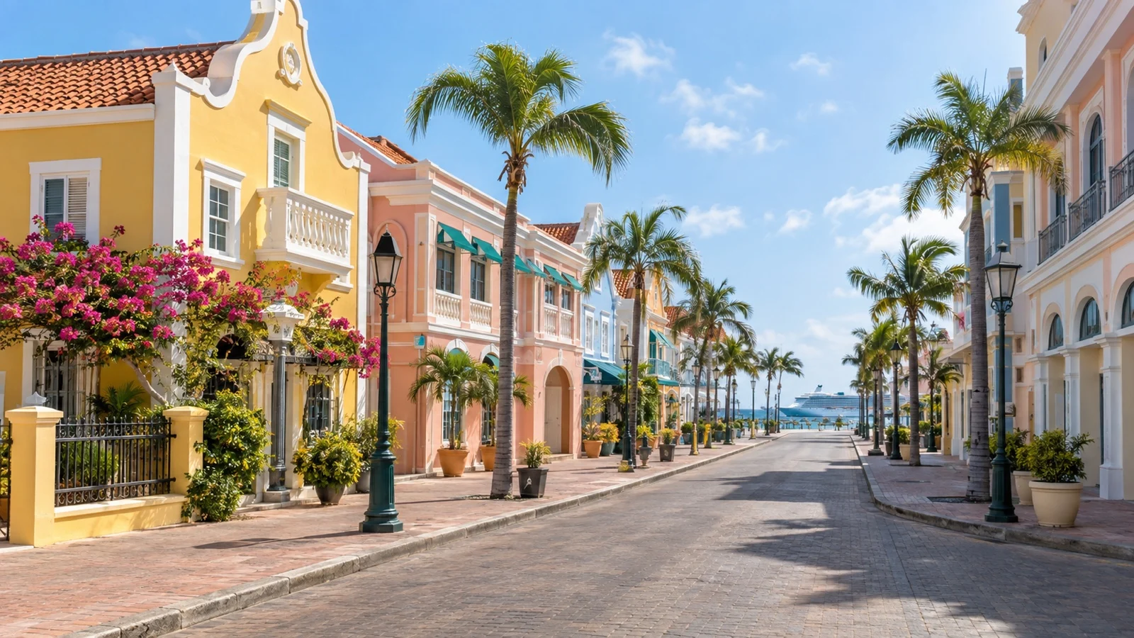Downtown Oranjestad street with colorful Dutch Caribbean architecture and small hotel buildings