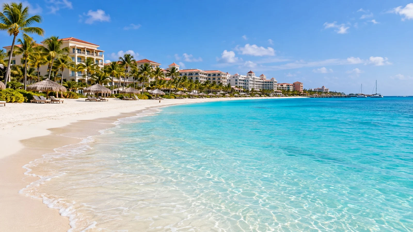 Palm Beach in Aruba with upscale beachfront resort hotels, white sand and turquoise sea
