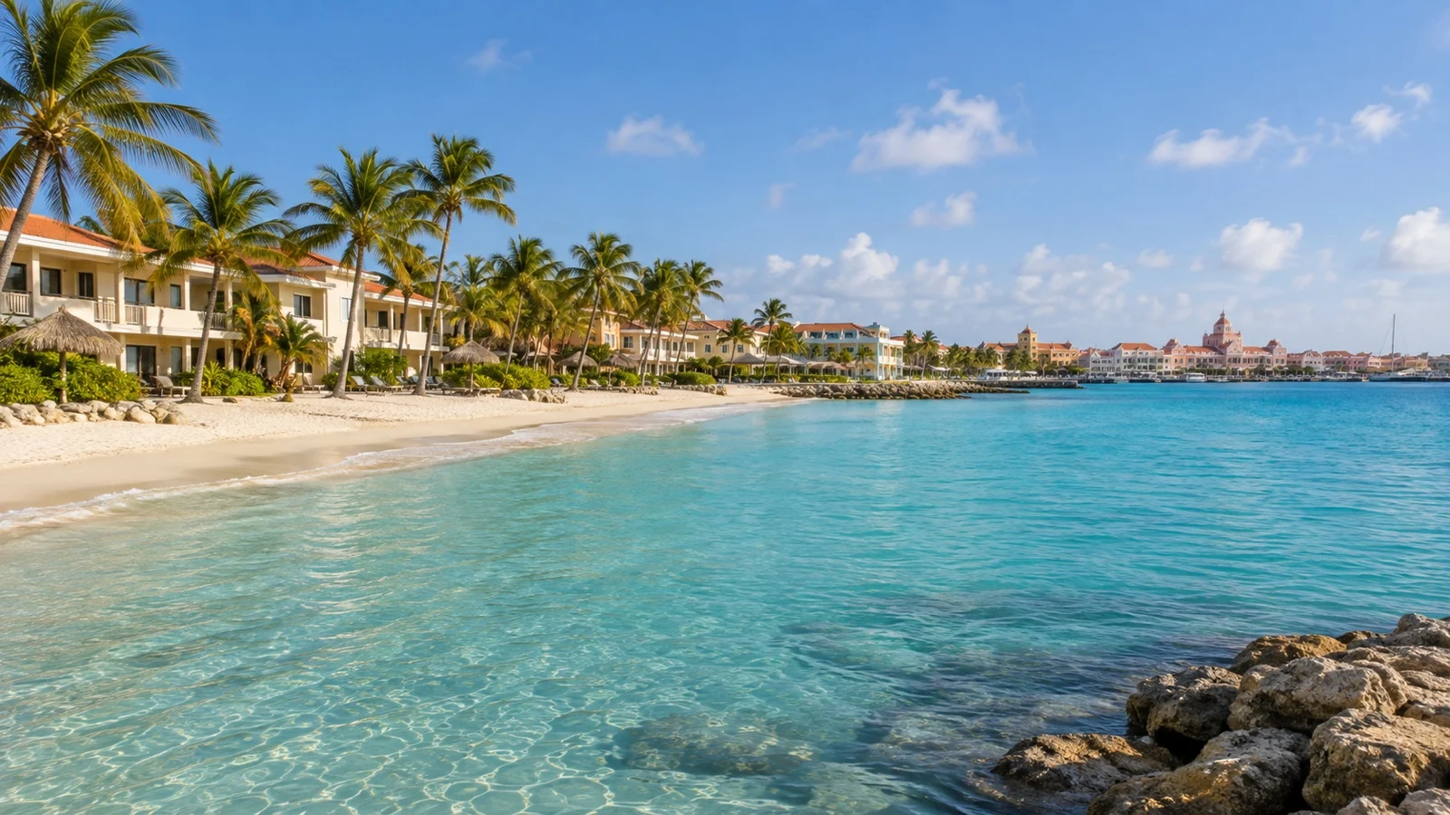 Aruba Surfside Beach near Oranjestad with low beachfront hotels, palms and calm Caribbean water