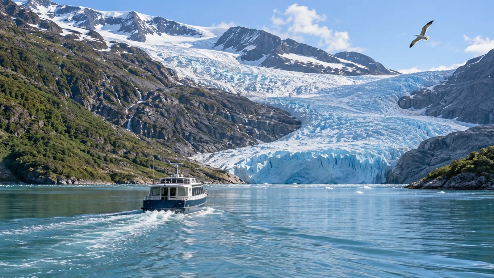 Small excursion boat crossing toward Svartisen