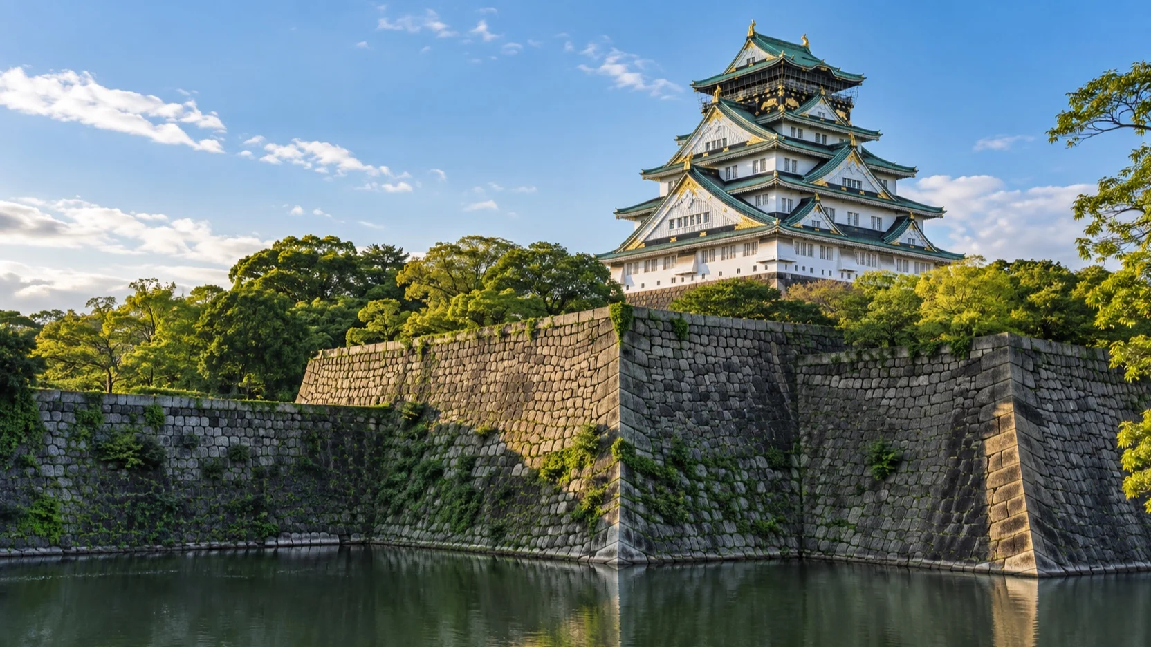 Osaka Castle above stone walls and its moat