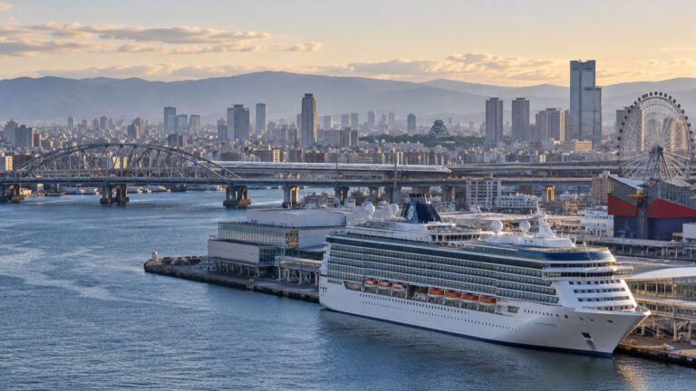 Cruise ship at Osaka harbor with city rail bridges beyond