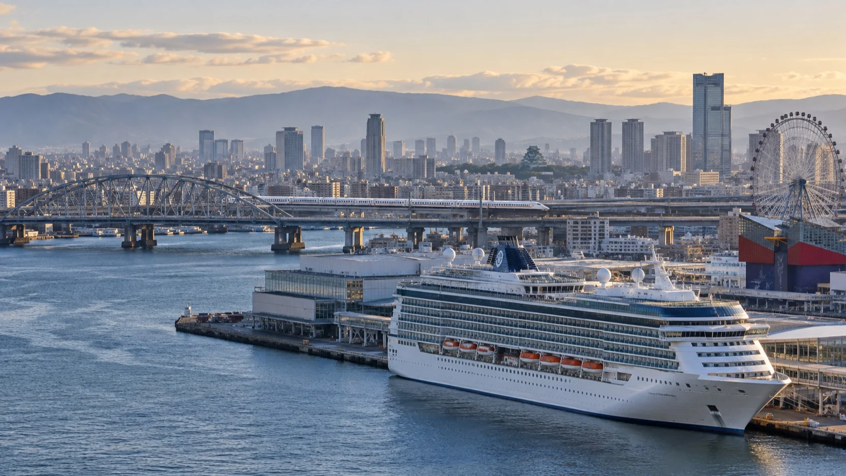 Cruise ship at Osaka harbor with city rail bridges beyond