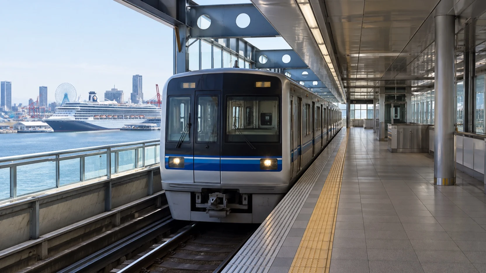 Empty Osaka subway platform near the cruise waterfront