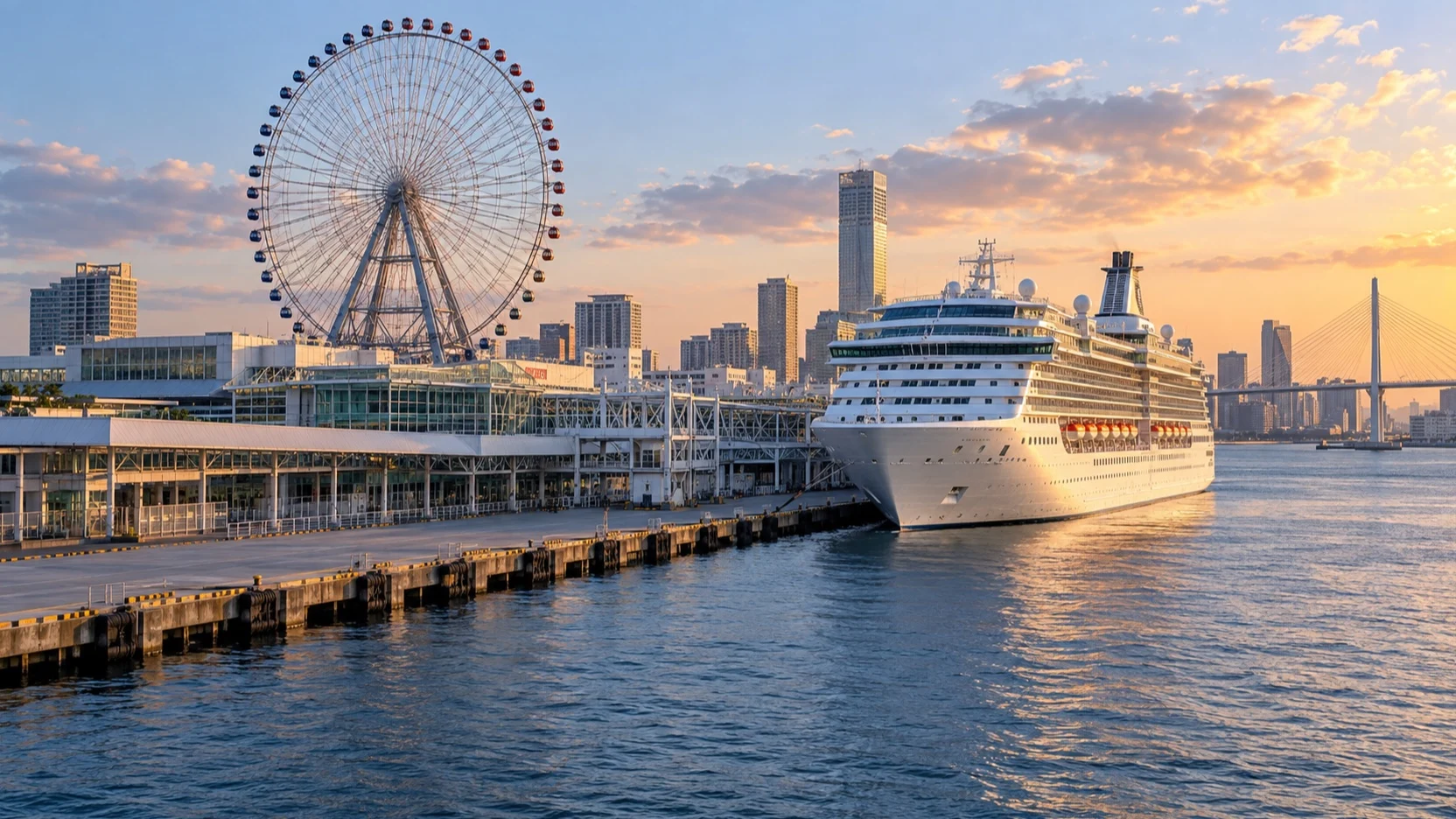Cruise ship at Osaka Tempozan port beside the Ferris wheel