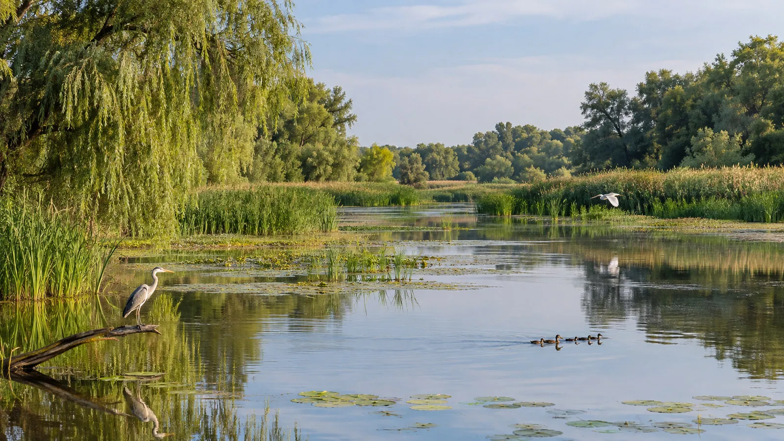 Kopacki Rit Nature Park Croatia wetland channels with reeds, waterbirds and willow trees, no people